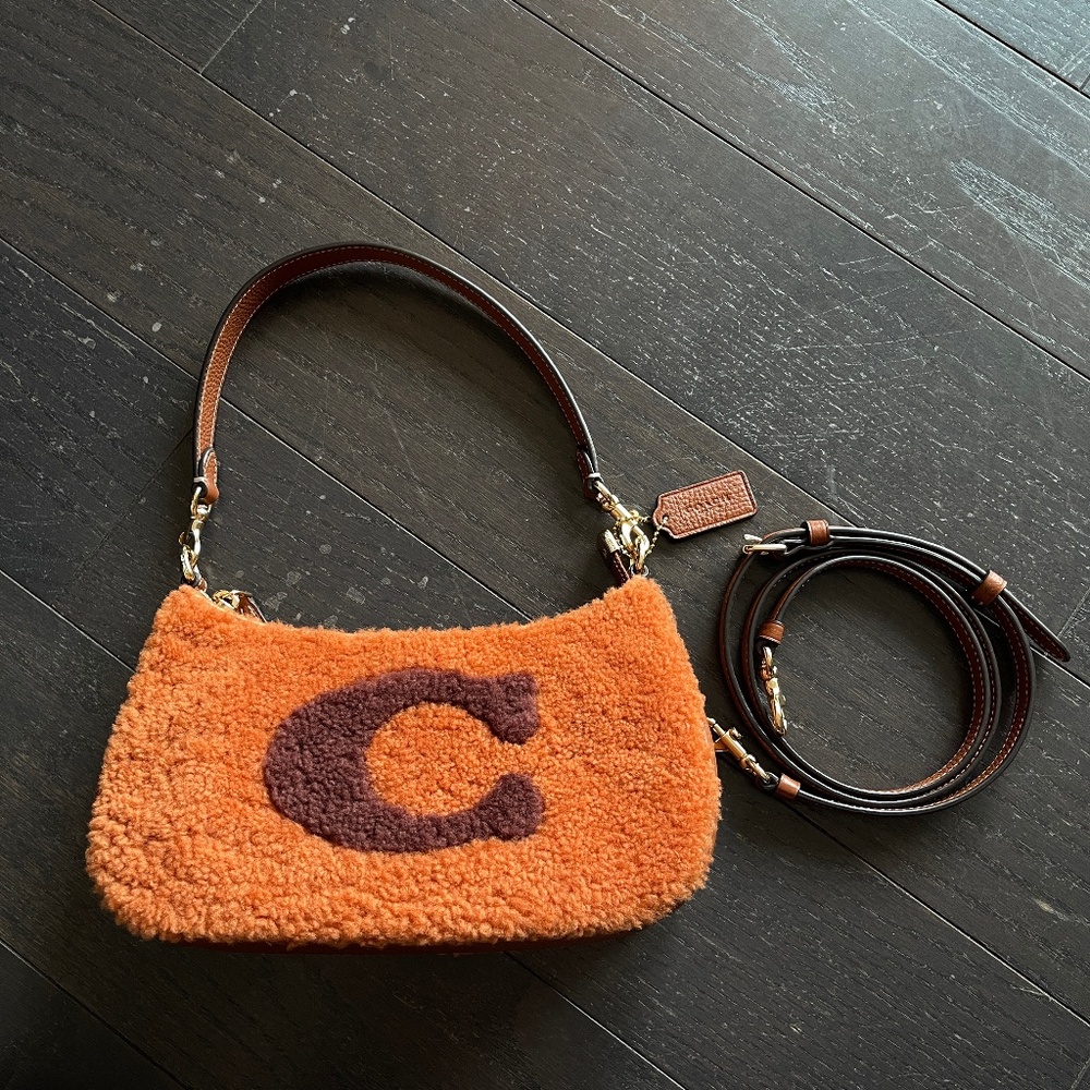 COACH GENUINE SHEARLING Teri Shoulder Bag With Coach Motif brown crossbody bag